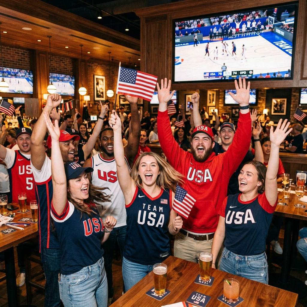American fans cheering at a live sports screening in a lounge