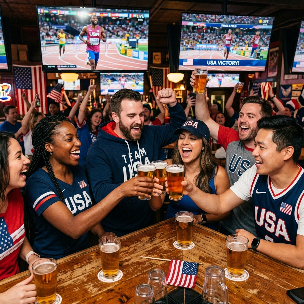 Friends raising beer glasses and celebrating a sports win